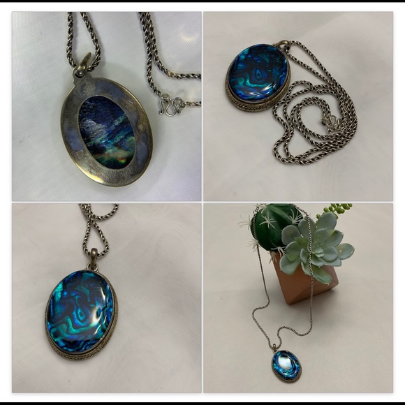 Druzy Agate turquoise blue mother of pearl gemstone pendant +chain 925 sterling - Picture 9 of 10